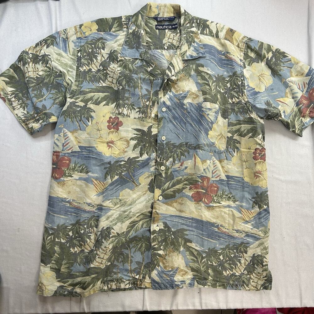 Nautica Shirt Men XL Green Floral Hawaiian Linen Blend Button Up